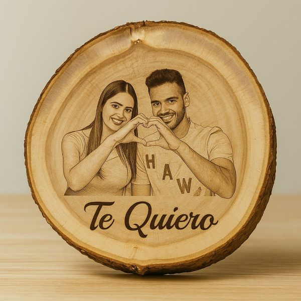 rodaja de madera grabada a láser con una foto de una pareja